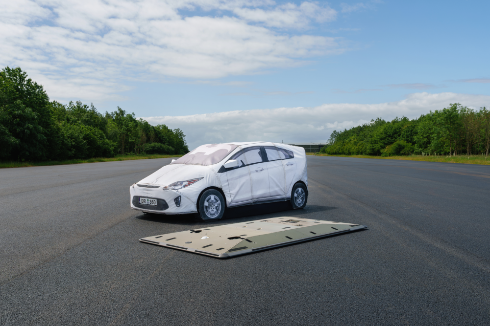 AB Dynamics GST 120 Plus soft-target platform positioned for 130 km/h ADAS testing