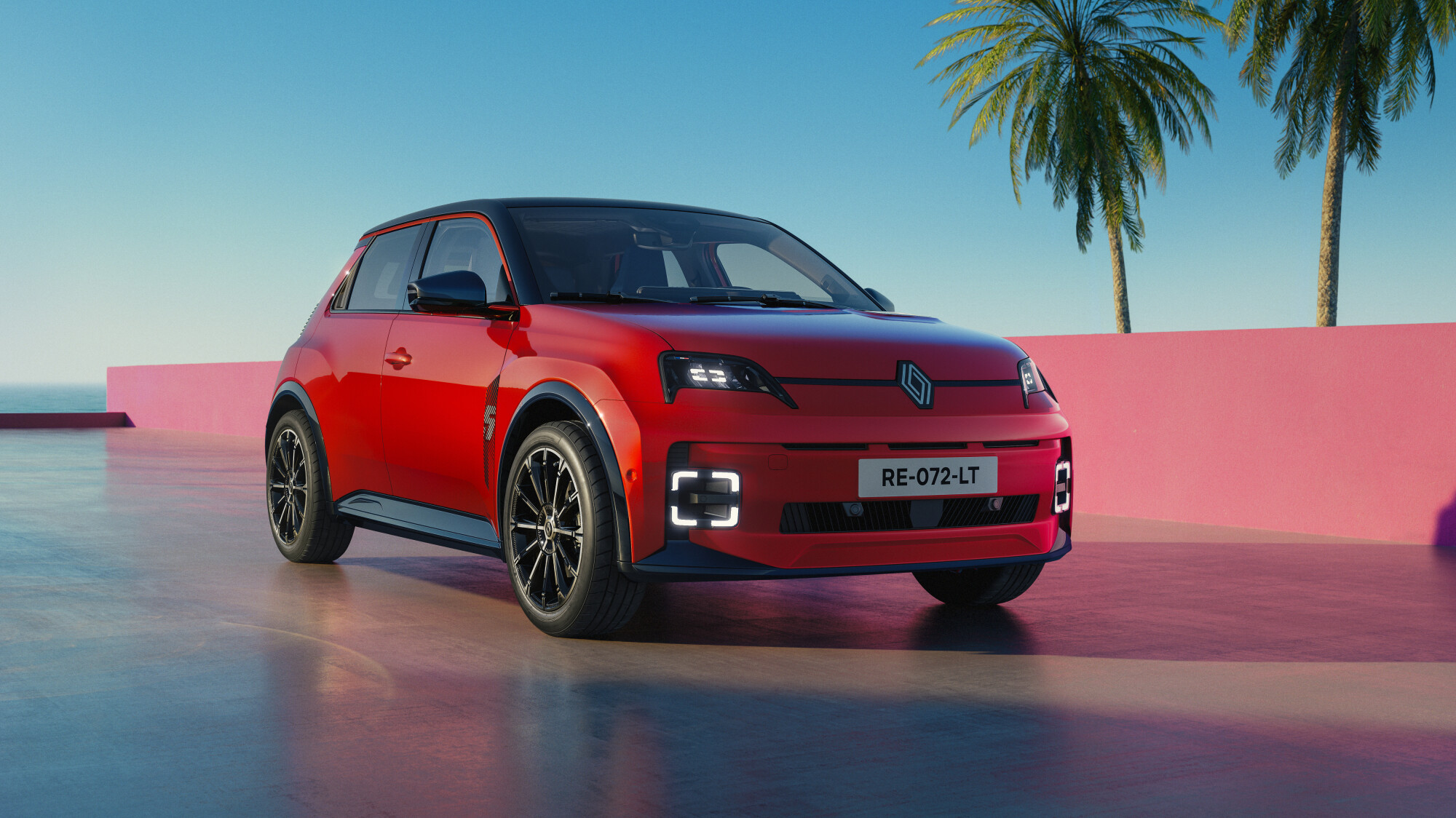Renault 5 E-Tech range 2026 update shown in the new Flame Red body colour, three-quarter front view