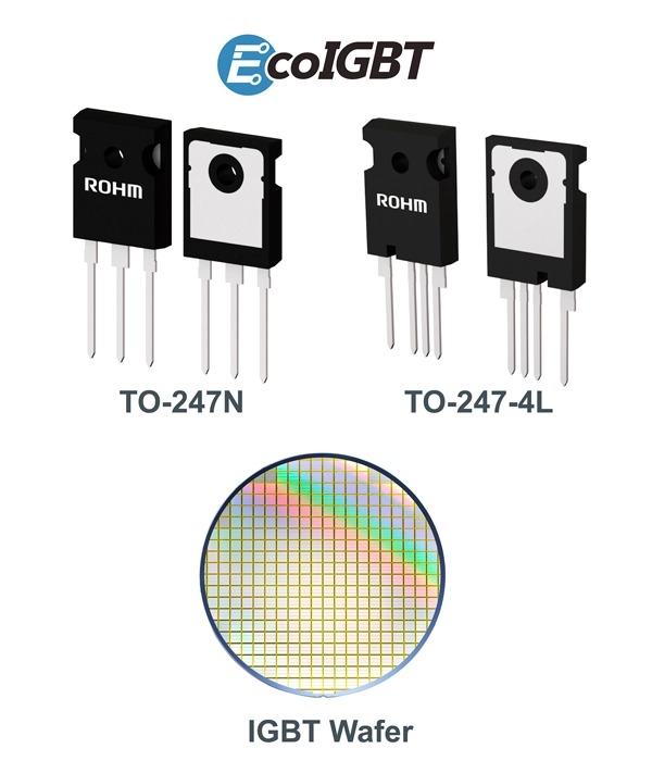 ROHM 4th generation automotive 650V IGBT devices in TO-247N and TO-247-4L packages shown with an IGBT wafer