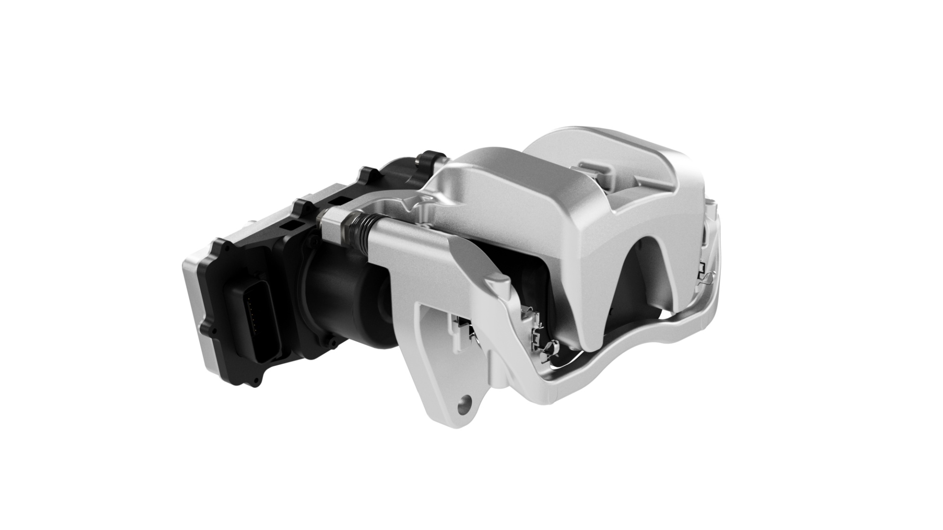 Electromechanical brake caliper used on the rear axle of the AUMOVIO semi-dry brake system, with its integrated electric motor and control unit