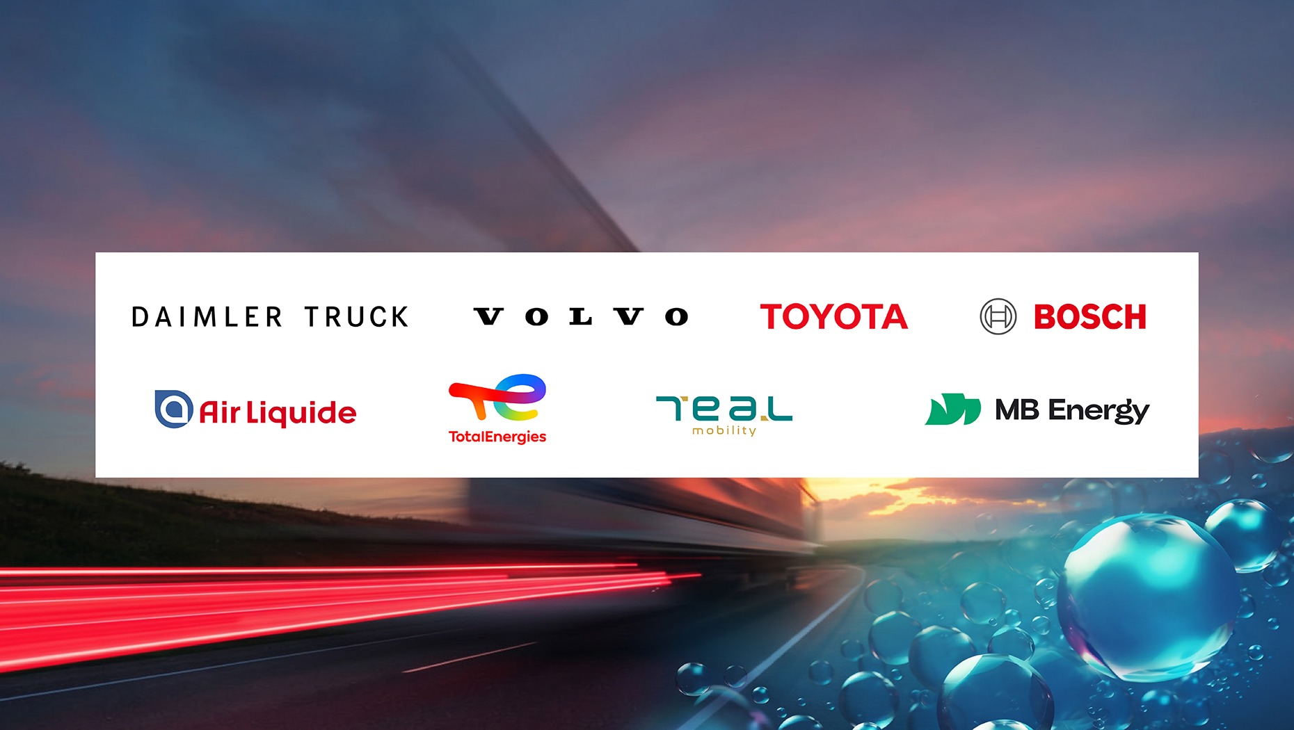 Logos of the eight companies backing the hydrogen truck consortium, set over a heavy goods vehicle on a motorway at dusk.