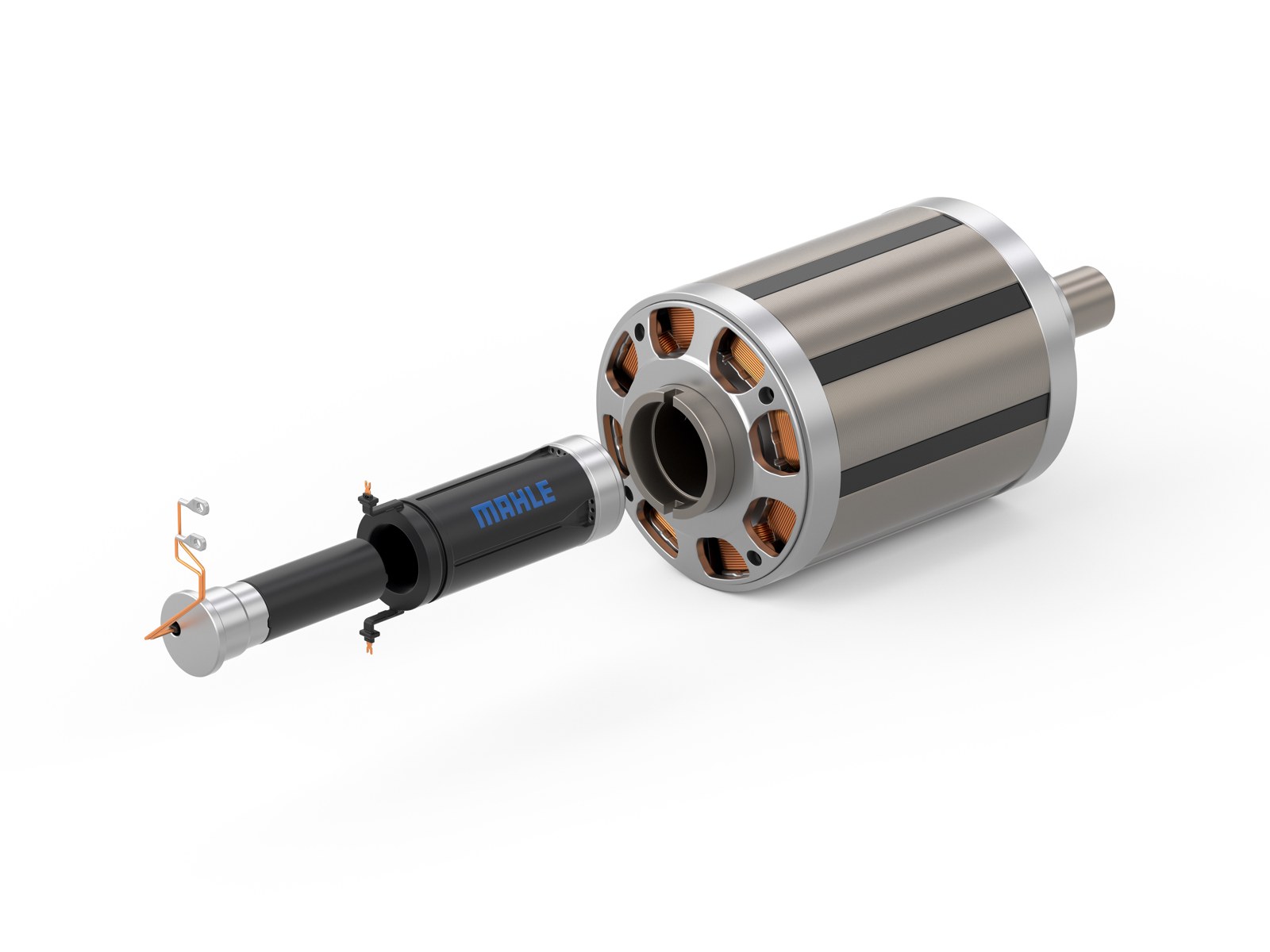 MAHLE MCT magnet-free electric motor rotor shown with its contactless transmitter shaft assembly