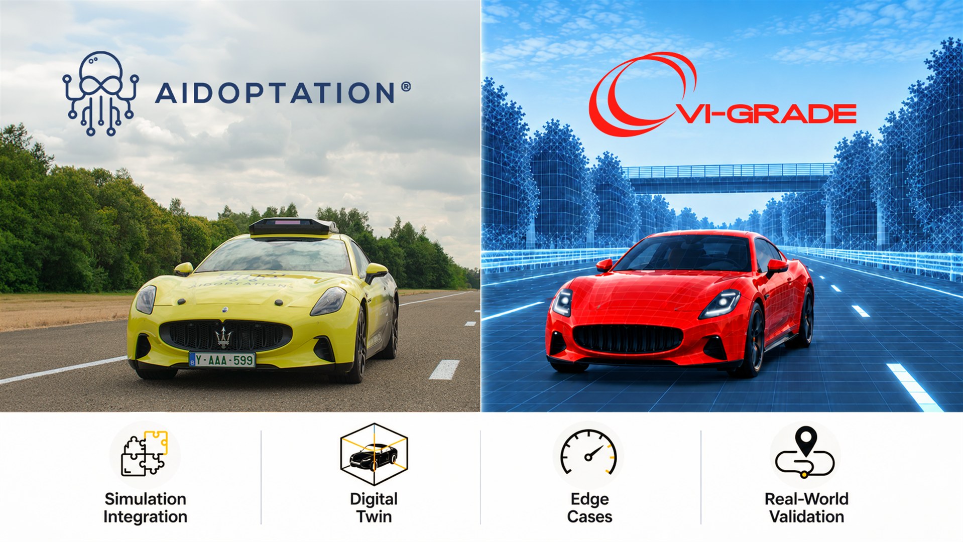 Aidoptation EdgeDrive test vehicle beside a VI-grade simulated motorway scene, illustrating autonomous driving validation at highway speeds