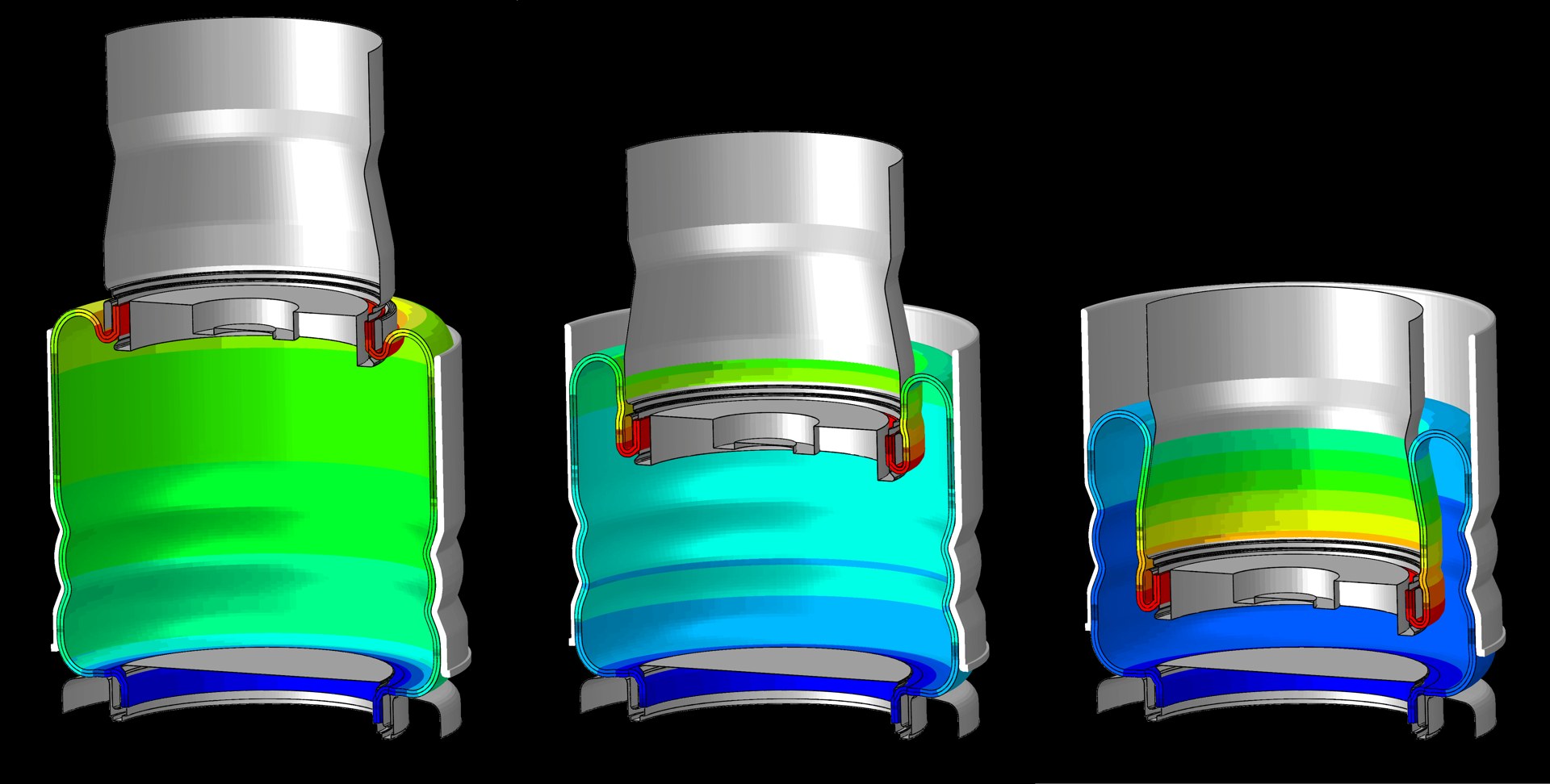 High-fidelity 3D FEA cutaway of an air spring at three stroke positions, released with BWI Group's AI suspension development tool announcement