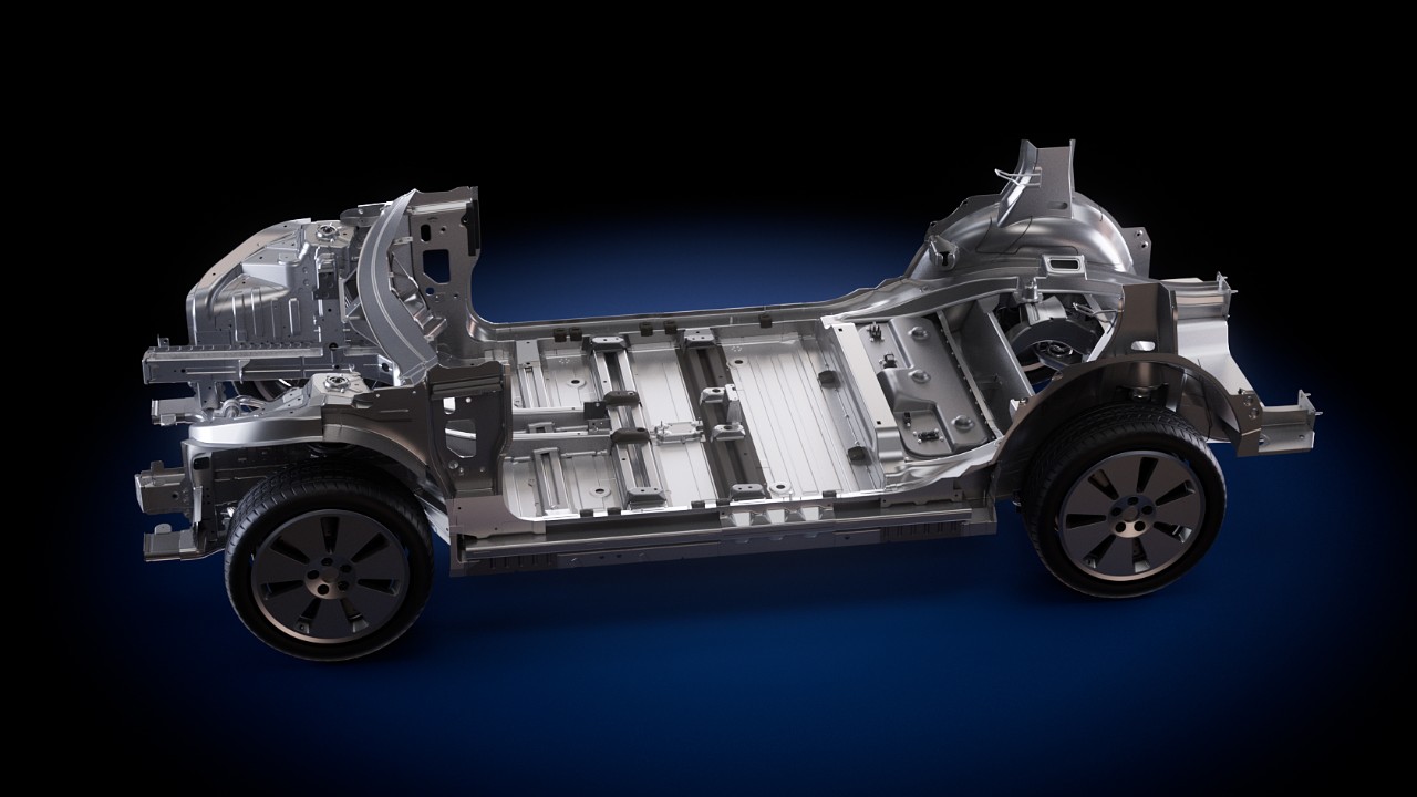 Structural rendering of the GM fourth-generation EV platform, showing the body structure, floor and front and rear sections on wheels