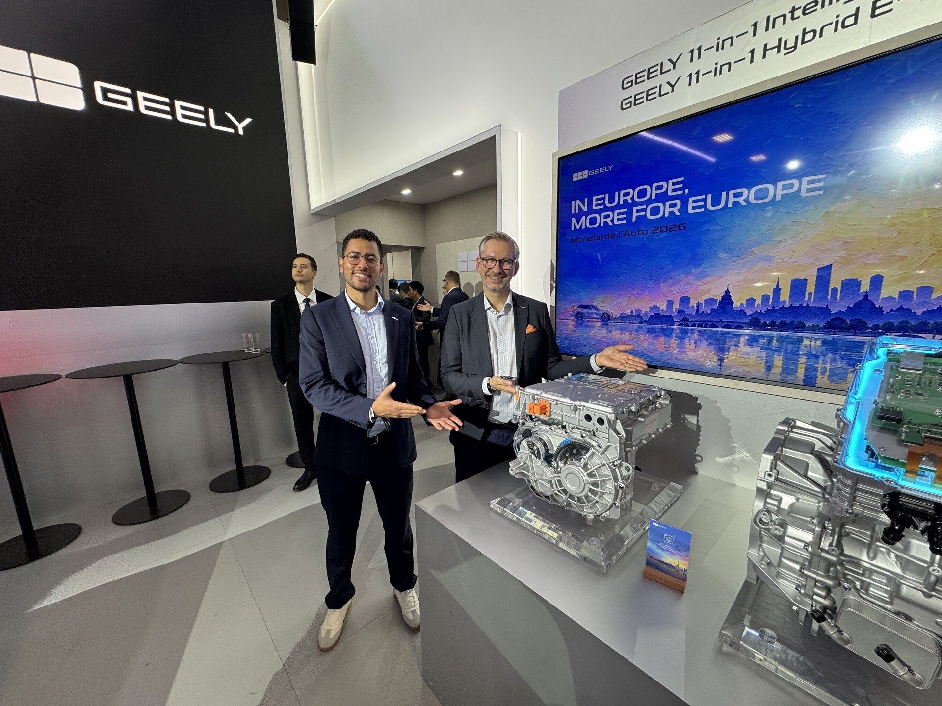 InfiMotion electric drive units displayed on the Geely stand at the 2026 Paris Motor Show, where the off-road dual-motor e-drive debuts on the Geely K011
