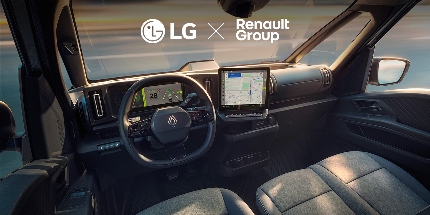 Interior of the Renault New Trafic E-Tech Electric with LG's integrated cockpit, showing the instrument cluster and central infotainment display