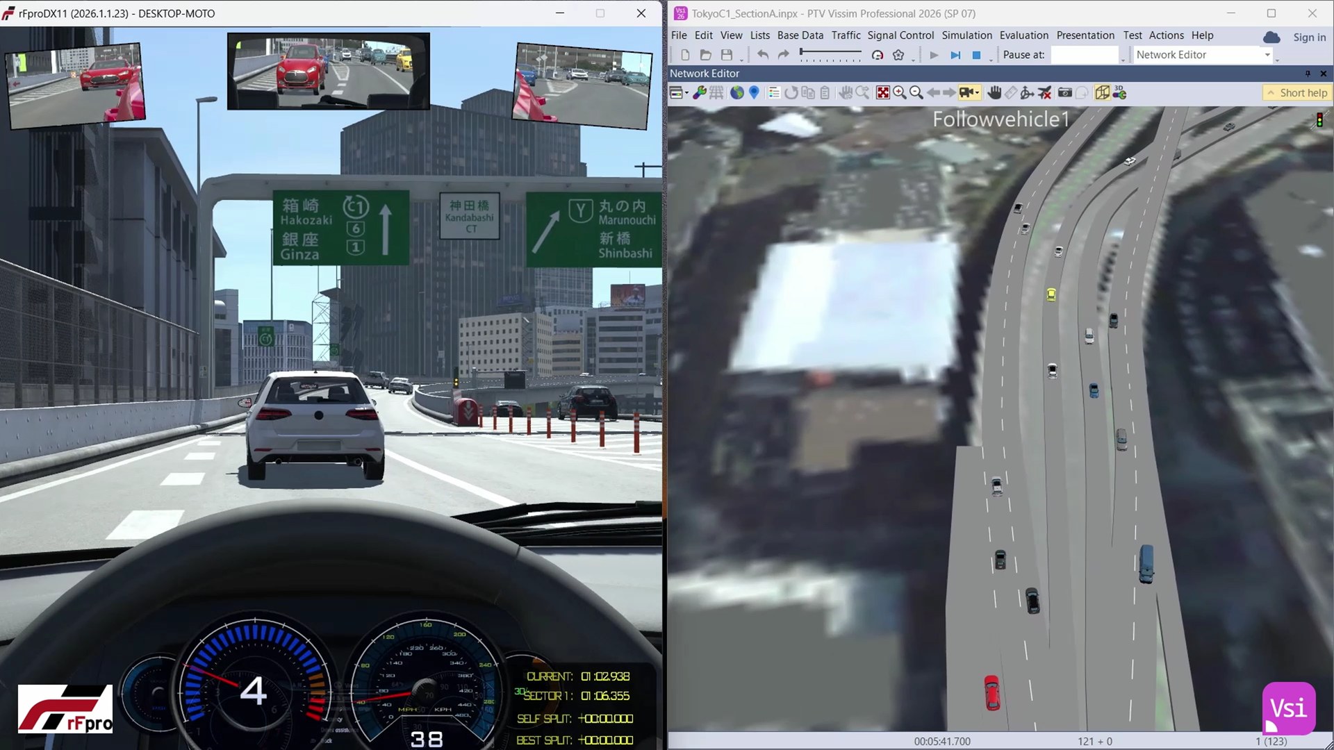 PTV Vissim traffic simulation running alongside an rFpro driver view on a Tokyo expressway scenario