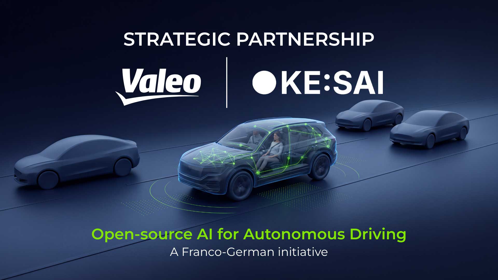 Valeo and KE:SAI open-source autonomous driving AI graphic showing a connected SUV in traffic beneath both companies’ logos